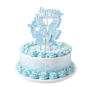 Dortisimo Zápich do dortu Happy Birthday s motýly modrý (4 ks)