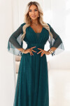 654-1 Dlouhé lesklé plus size šaty s výstřihem a průhlednými rukávy - lahvově zelené UNI