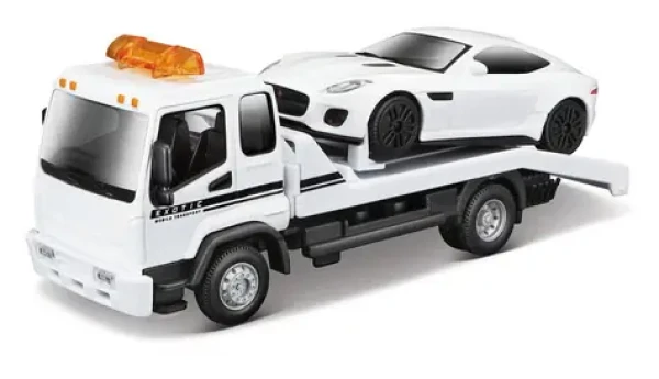 Bburago STREET FIRE Odtahové vozidlo Flatbed Tow Truck + Jaguar F-TYPE Coupé 1:43