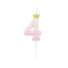 Svíčka číslo 4 růžová s korunkou a glitrem 9,5 cm Svíčka číslo 4 růžová s korunkou a glitrem 9,5 cm