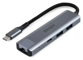 Lindy USB-C hub s LAN šedá / Rozbočovač / USB 3.2 Gen 2 / 2x USB-A / RJ45 (43422)