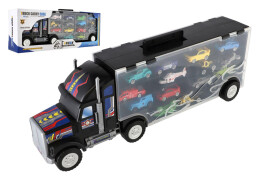 Auto kamion přepravník + dopravní prostředky 14ks plast 57cm na volný chod v krabici 59x22x13cm