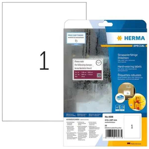 Herma etikety A4 210x297 mm bílá / Fólie / voděodolné / laser / 25 ks (4698)