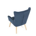 Křeslo, potah modrá manšestrová látka, dřevěné nohy, masiv kaučukovník