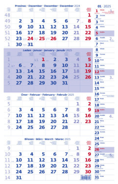 Nástěnný kalendář 2025 Čtyřměsíční modrý poznámkami