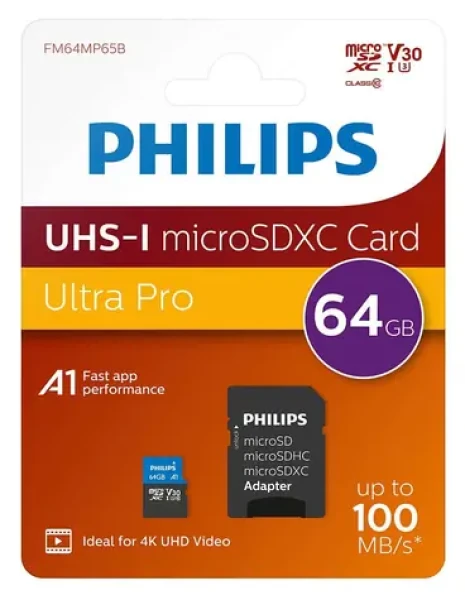 Philips microSDXC 64 GB + adaptér / Paměťová karta / Class 10 / UHS-I U3 / V30 (FM64MP65B/00)