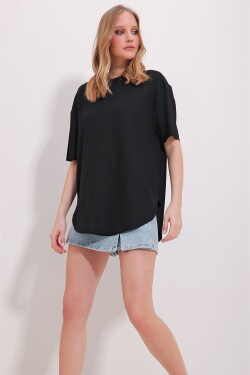 Trend Alaçatı Stili Women's Black Crew Neck Oval Cut Modal T-Shirt