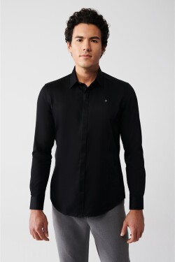 Avva Men's Black 100% Cotton Classic Collar Slim Fit Satin Shirt