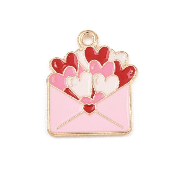 Kovový přívěsek - obálka se srdíčky - růžová - 20 × 17 × 1,5 mm- 1 ks