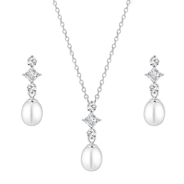 Stříbrná souprava šperků s bílou perlou a zirkony Monica - stříbro 925/1000, Stříbrná Bílá 38 cm + 7 cm (prodloužení)
