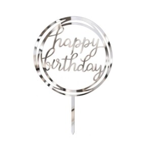 Dortisimo Zápich do dortu Happy Birthday v kruhu stříbrný (1 ks)