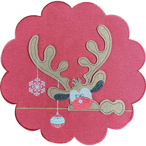 DumDekorace Vánoční kulatý ubrus v červené barvě s aplikací soba