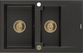MEXEN/S - Gaspar granitový dřez 1.5 s odkapávačem 737 x 475 mm, černý/zlatý metalik, zlatý sifon 6507731505-75-G