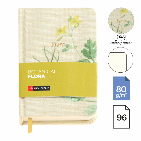 Miquelrius poznámkový zápisník - Botanical Flora, A6, 80 g, karton + textil, 96 listů, čistý, Celandine