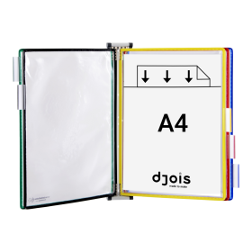 Djois nástěnný kovový držák s rámečky, 5 rámečků s kapsami A4 na výšku, rámečky mix barev, 1 set