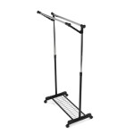 Stojan na šaty s výklopným ramenem, černá barva, kov / plast, chrom