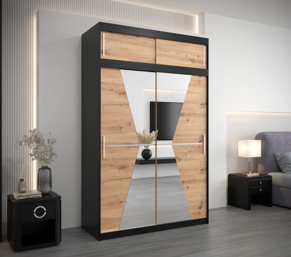 Šatní skříň Abi Ma s nástavcem Barva korpusu: Černá, Rozměry: 150 cm, Dveře: Dub artisan