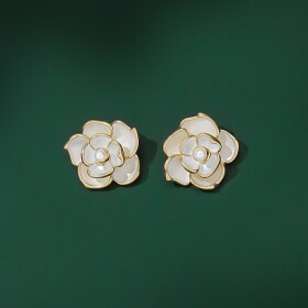 Náušnice s perlou Kamélie - květina, Zlatá