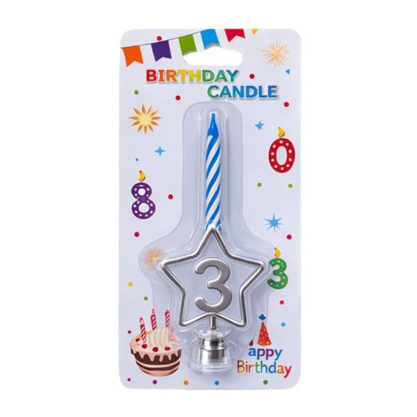 Dortisimo Svíčka modrá s LED stříbrným podstavcem ve tvaru hvězdy číslo 3