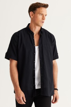 AC&Co Altınyıldız Classics Men's Black Comfort Fit Relaxed Cut Buttoned Collar Linen Look 100% Cotton Short Sleeve Shirt