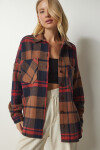 Happiness İstanbul Women's Brown Navy Blue Patterned Oversize Cachet Lumberjack Shirt