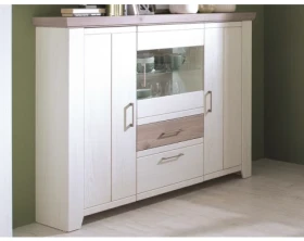 Vysoká komoda Cruz 143 cm, bělená pinie/šedý dub