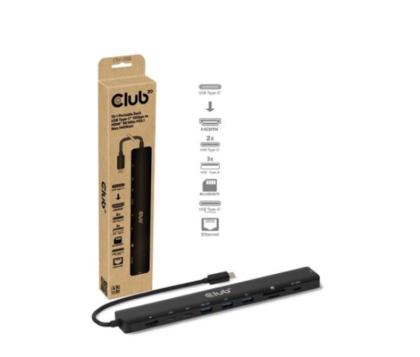 Club3D Dokovací stanice USB-C 10v1, 140W PD, 1xHDMI, 3xUSB-C, 3xUSB, 1xRJ45, černá EDF_795299