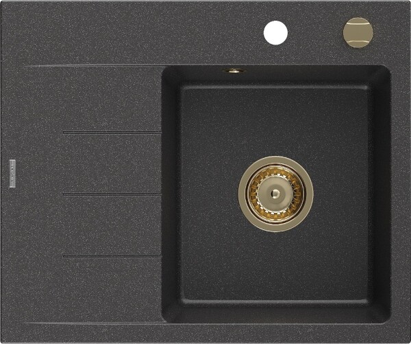 MEXEN/S - Ben granitový dřez 1 s odkapávačem pravý 600 x 500 mm, černá kropenatá, sifon zlatá 6523605000-76-G