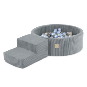 PLUSH NEST PLUSH NEST Suchý bazén kulatý Ø 90 × 30 cm s herním prvkem (schůdky) a 200 míčky šedý
