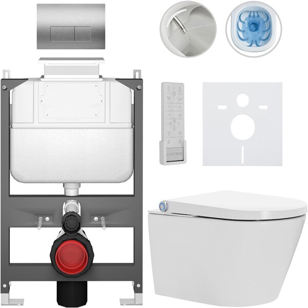 CERANO Závěsné WC s bidetem Basic/Cronus Premium - bílá lesklá - WC tlačítko Modulo/Stříbrná - ovládání shora - předstěnová instalace - 59,3x38,4 cm