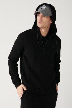 Avva Black Unisex Sweatshirt Hooded Fleece Thread Zipper Regular Fit