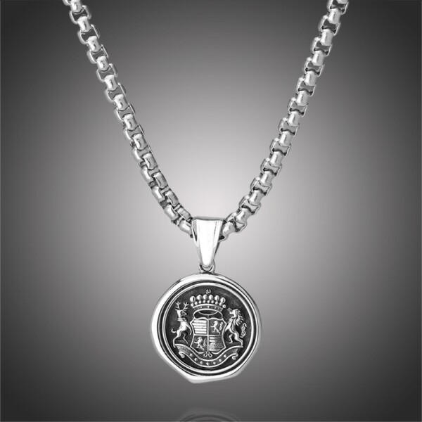 Ocelový 4mm náhrdelník s pečetí, rodový erb, Stříbrná 60 cm