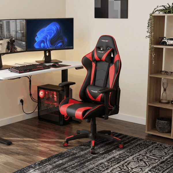 Kancelářská židle houpací mech., černá + červená koženka, plast. kříž