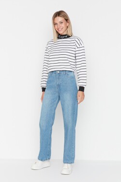 Trendyol modré džíny ze 100% bavlny s vysokým pasem a zapínáním na knoflíky