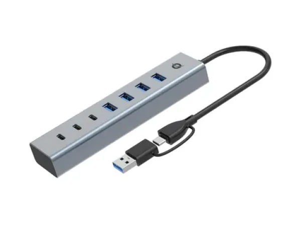 Conceptronic USB hub 7 portů šedá / USB hub / 4x USB-A 3.0 + 3x USB-C / 5 Gbit/s / hliníkové tělo (HUBBIES20G)
