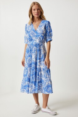 Happiness İstanbul Women's Blue Wrap Collar Floral Summer Viscose Dress