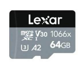 Lexar Professional 1066x Silver microSDXC 64GB + adaptér / čtení: 160MBs / Zápis: 70MBs / UHS-I U3 / A2 / Class 10 (LMS1066064G-BNANG)