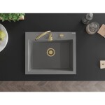 MEXEN/S - Elix granitový dřez 1-miska 600 x 500 mm, šedý, sifon zlatá 6525601005-71-G