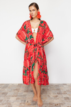 Trendyol Maxi tkaný kimono a kaftan s květinovým vzorem a páskem
