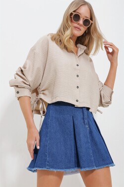 Trend Alaçatı Stili Women's Beige Gathered Melange Linen Crop Shirt