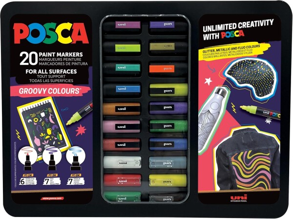 Uni-ball Uni-ball, 302422188, Posca, Groovy Colours, sada akrylových popisovačů v kovové kazetě, 20 ks