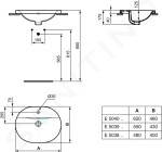 IDEAL STANDARD - Connect Umyvadlo zápustné, 550x430 mm, s přepadem, 1 otvor pro baterii, bílá E503901