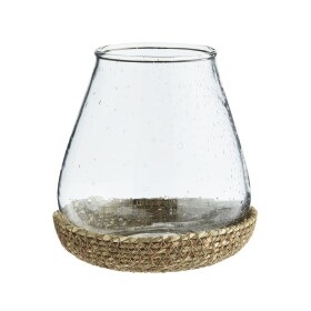 MADAM STOLTZ Skleněný svícen s jutovým podtáckem 12 cm, čirá barva, sklo