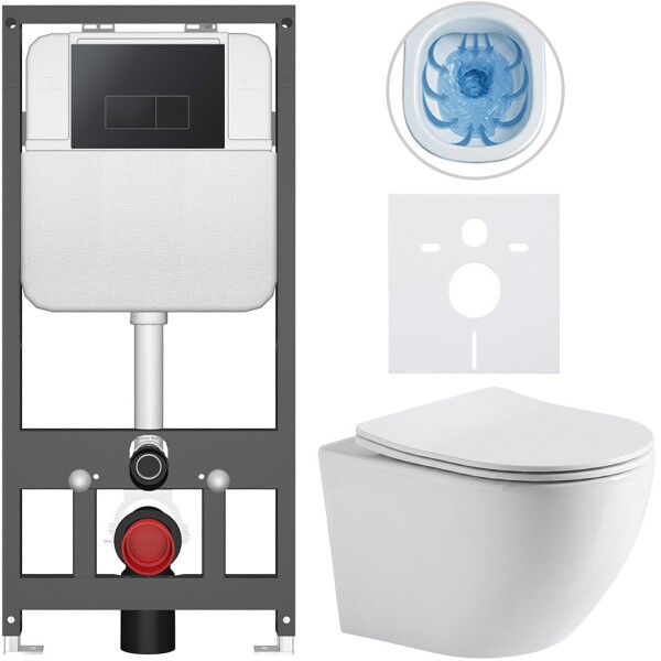 CERANO Kompletní WC set Basic/Cesso - bílá lesklá - WC tlačítko Modulo/Černá - závěsné - předstěnová instalace - 49x36 cm - 8050BD85963
