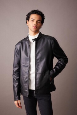 DEFACTO Slim Fit Barbell Collar Faux Leather Coat