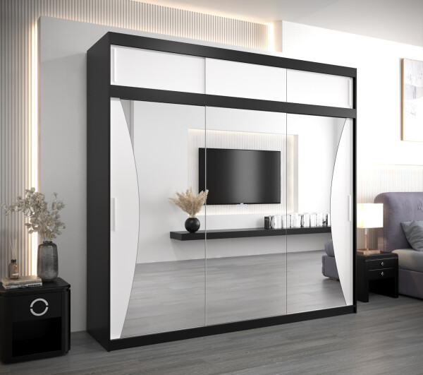 Šatní skříň Abi Mo s nástavcem Barva korpusu: Černá, Rozměry: 250 cm, Dveře: Bílá