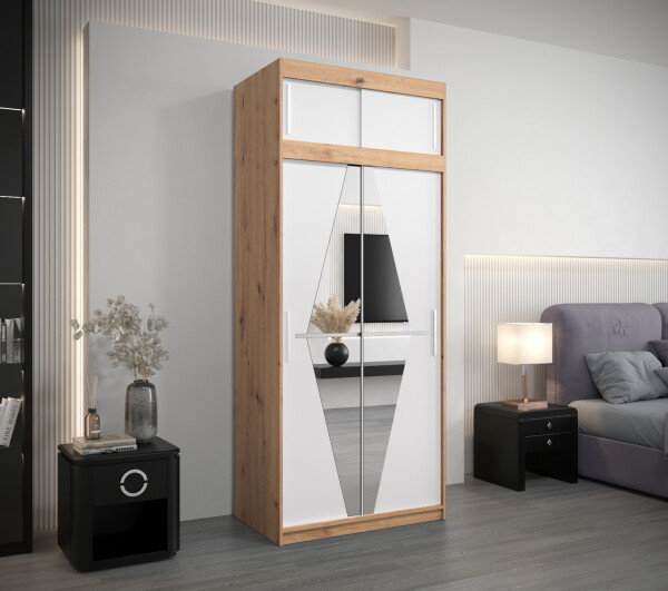 Šatní skříň Abi Bo s nástavcem Barva korpusu: Dub artisan, Rozměry: 100 cm, Dveře: Bílá