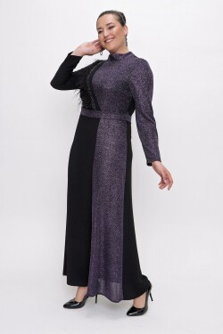By Saygı Magnificent Collar, Stone and Feather Detail, Belted Waist, Semi Silvery Plus Size Long Dress