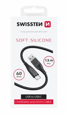 SWISSTEN SOFT SILICONE datový kabel USB-C 1.5m černá / 60W / 3A / 1x USB-A(M) / 1x USB-C(M) (71531010)