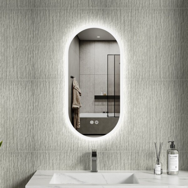 Erga Demi, oválné LED zrcadlo 40x80cm, 3 barvy světla, přední osvětlení, topná podložka proti zapaření, ERG-V01-DEMI-4080-CL